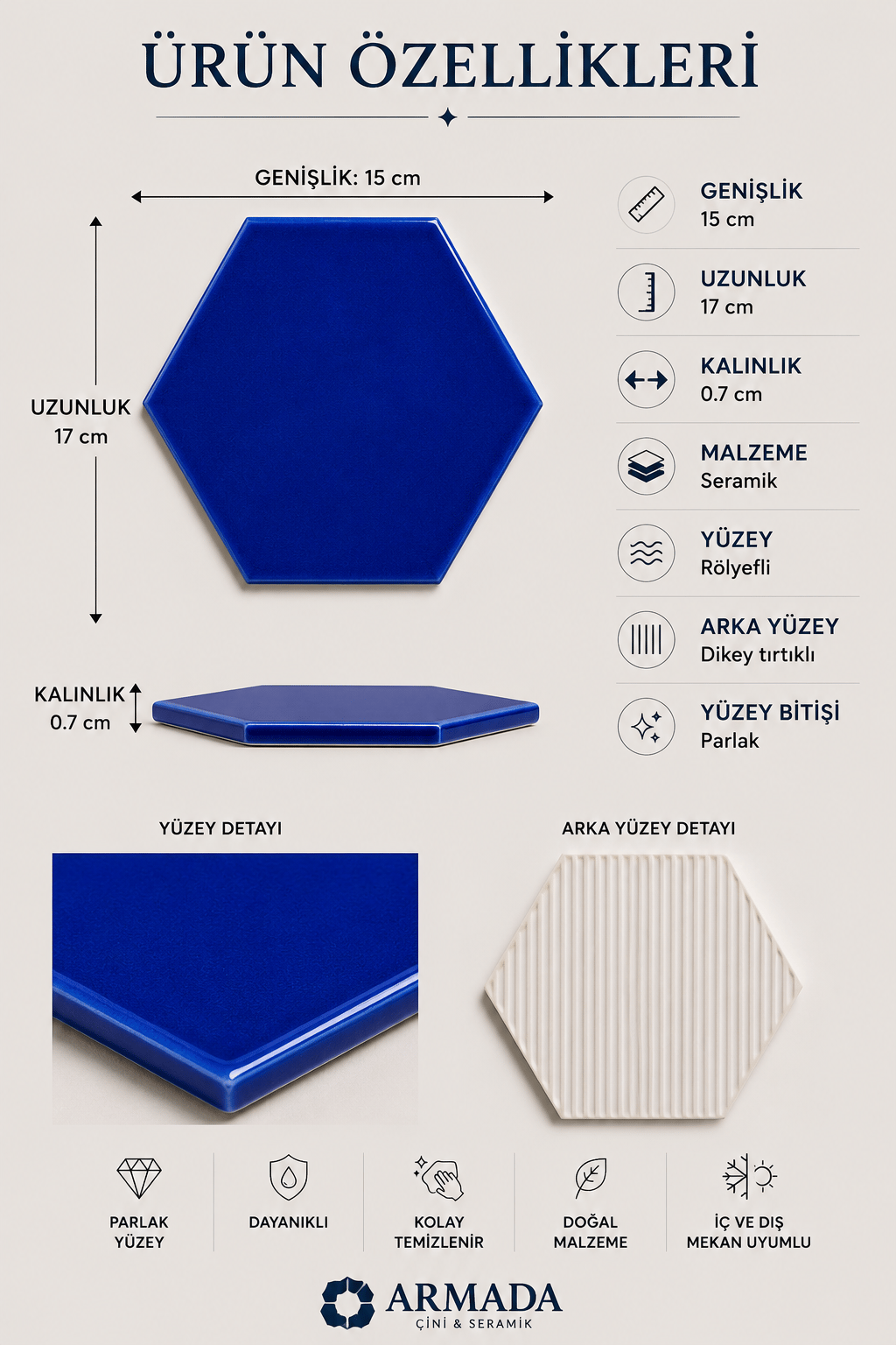 Armada Çini 15x17 Cm Düz Kobalt Altıgen Seramik