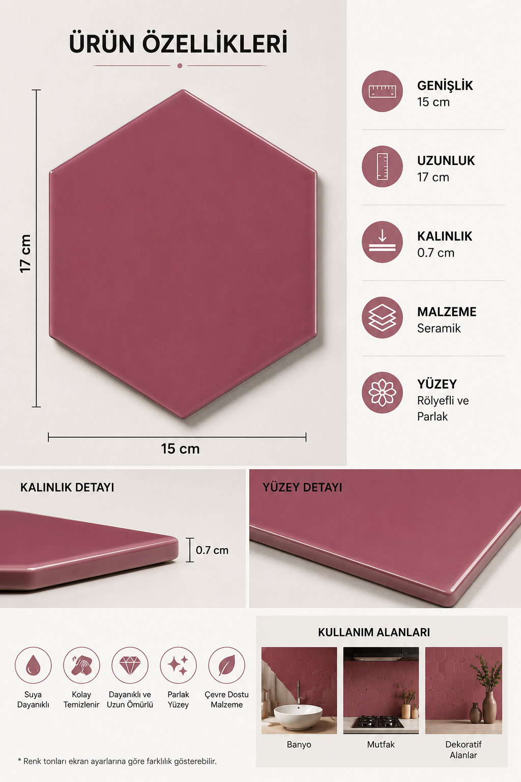 Armada Çini 15x17 Cm Düz Koyu Pembe Altıgen Seramik 