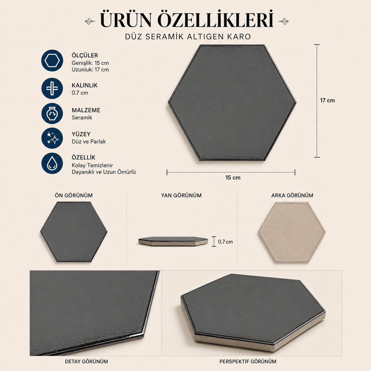Armada Çini 15x17 Cm Düz Mat metalik Altıgen Seramik 