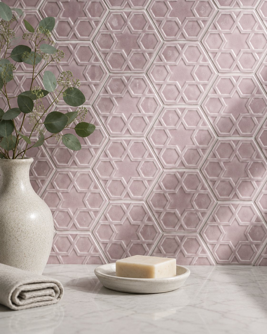 Armada Çini 15x17 Cm Rölyefli Yıldız Açık Pembe Altıgen Seramik 