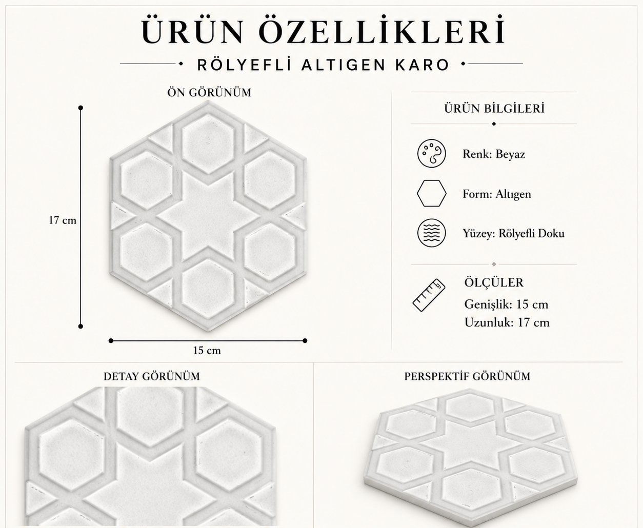 Armada Çini 15x17 Cm Rölyefli Yıldız Beyaz Altıgen Seramik