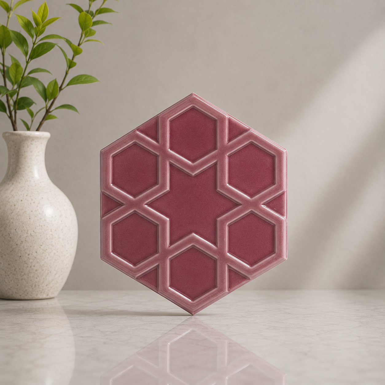 Armada Çini 15x17 Cm Rölyefli Yıldız Koyu Pembe Altıgen Seramik 