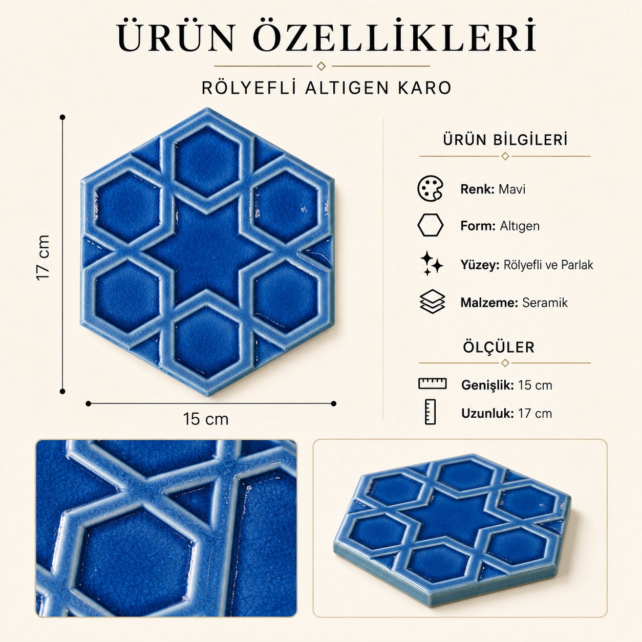 Armada Çini 15x17 Cm Rölyefli Yıldız Kobalt Altıgen Seramik