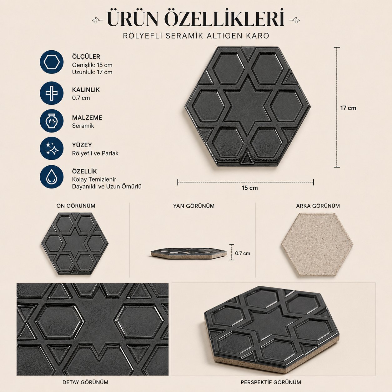Armada Çini 15x17 Cm Rölyefli Yıldız Metalik Altıgen Seramik 