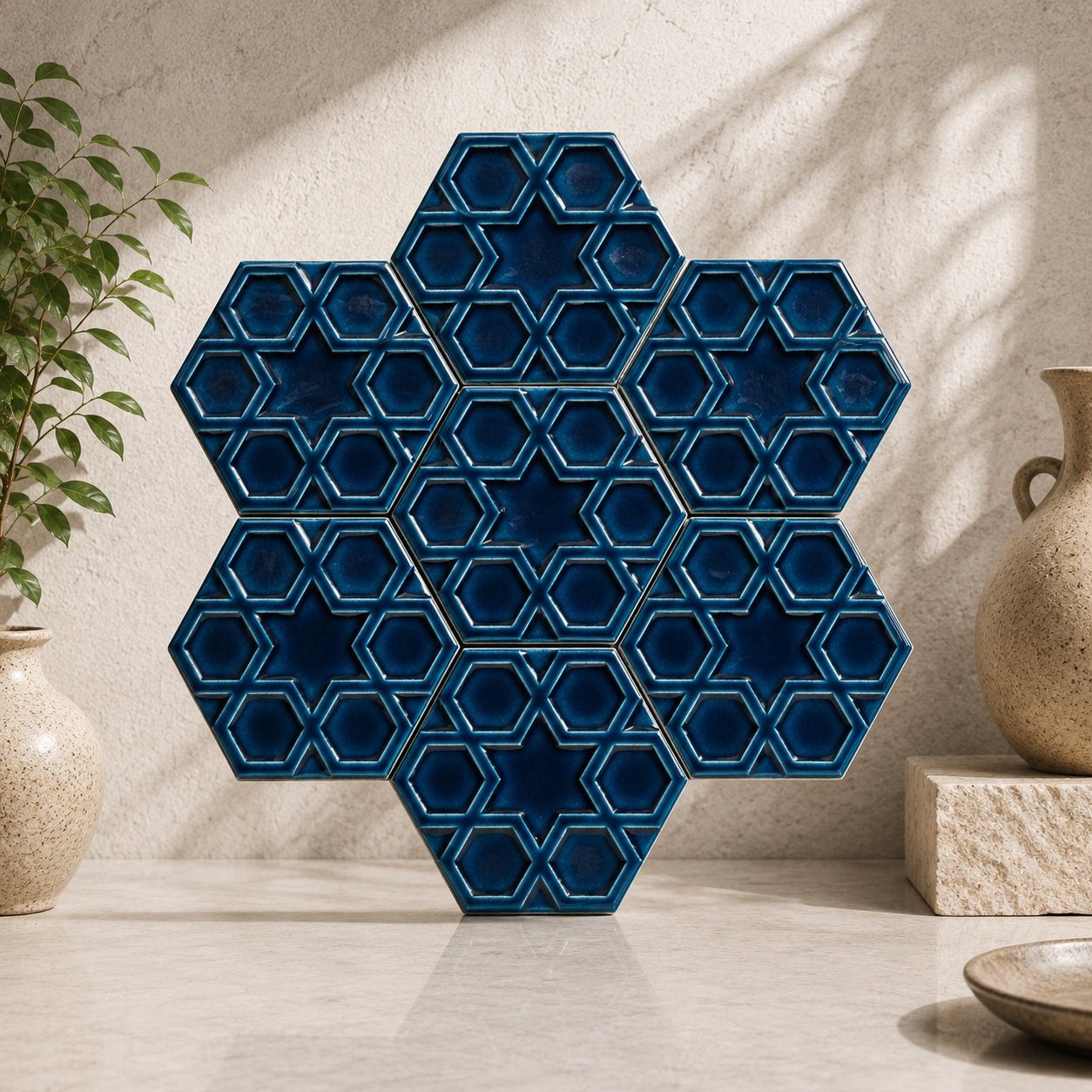 Armada Çini 15x17 Cm Rölyefli Yıldız Petrol mavisi Altıgen Seramik 