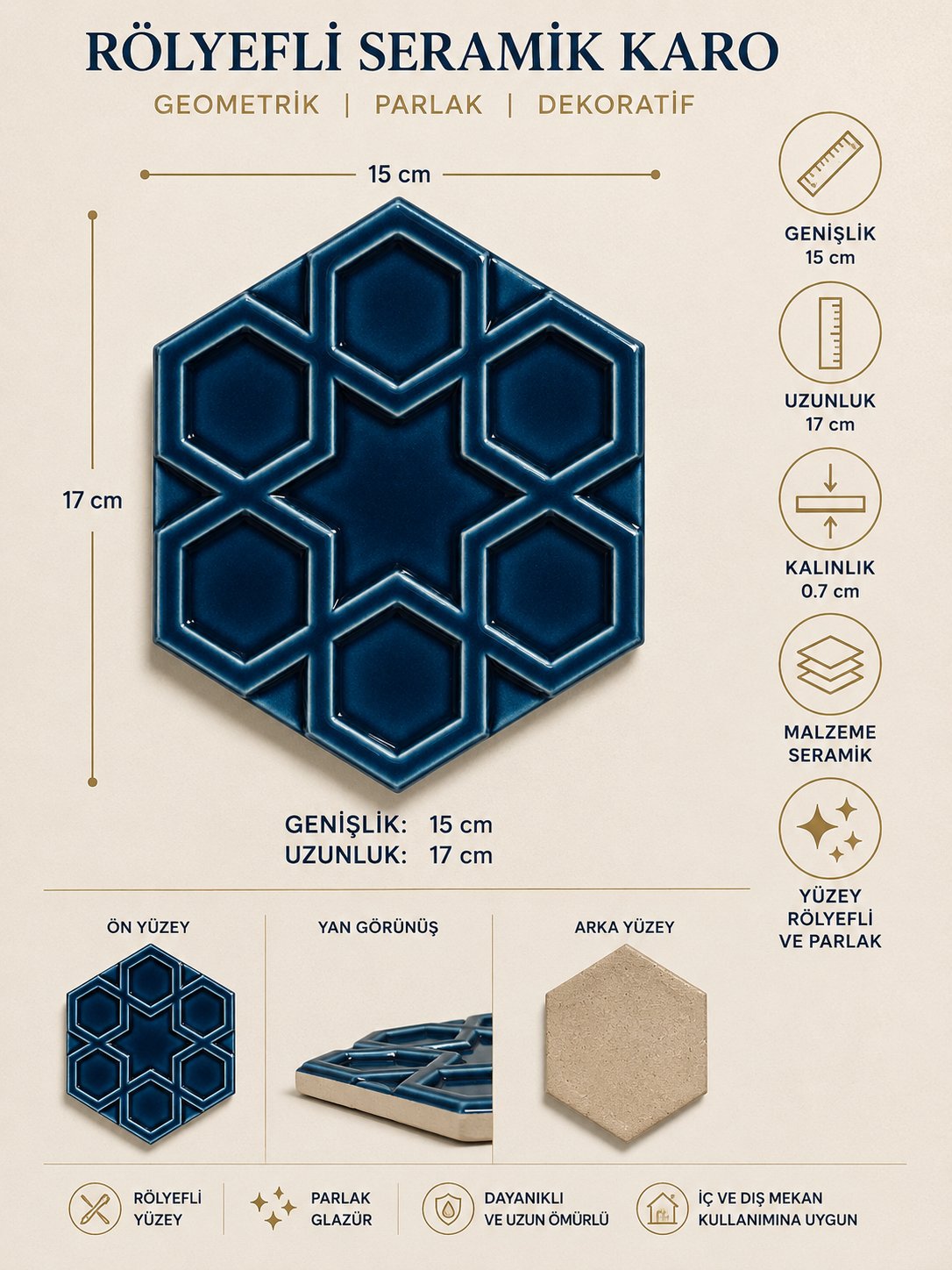 Armada Çini 15x17 Cm Rölyefli Yıldız Petrol mavisi Altıgen Seramik 