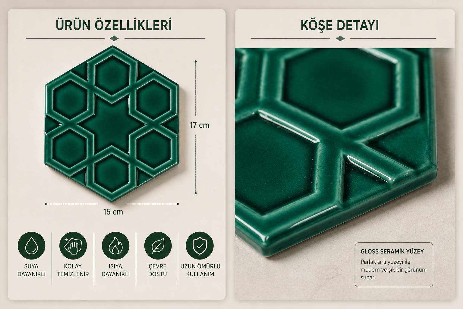Armada Çini 15x17 Cm Rölyefli Yıldız Yeşil Altıgen Seramik