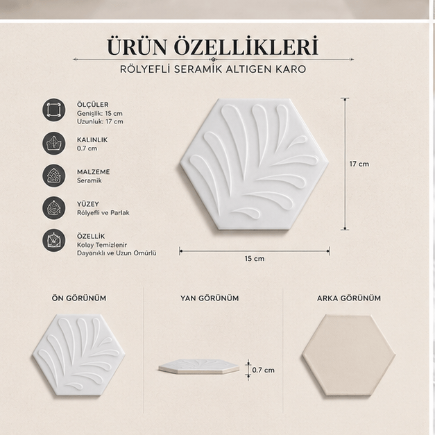 Armada Çini 15x17 Cm Yaprak Beyaz Altıgen Seramik