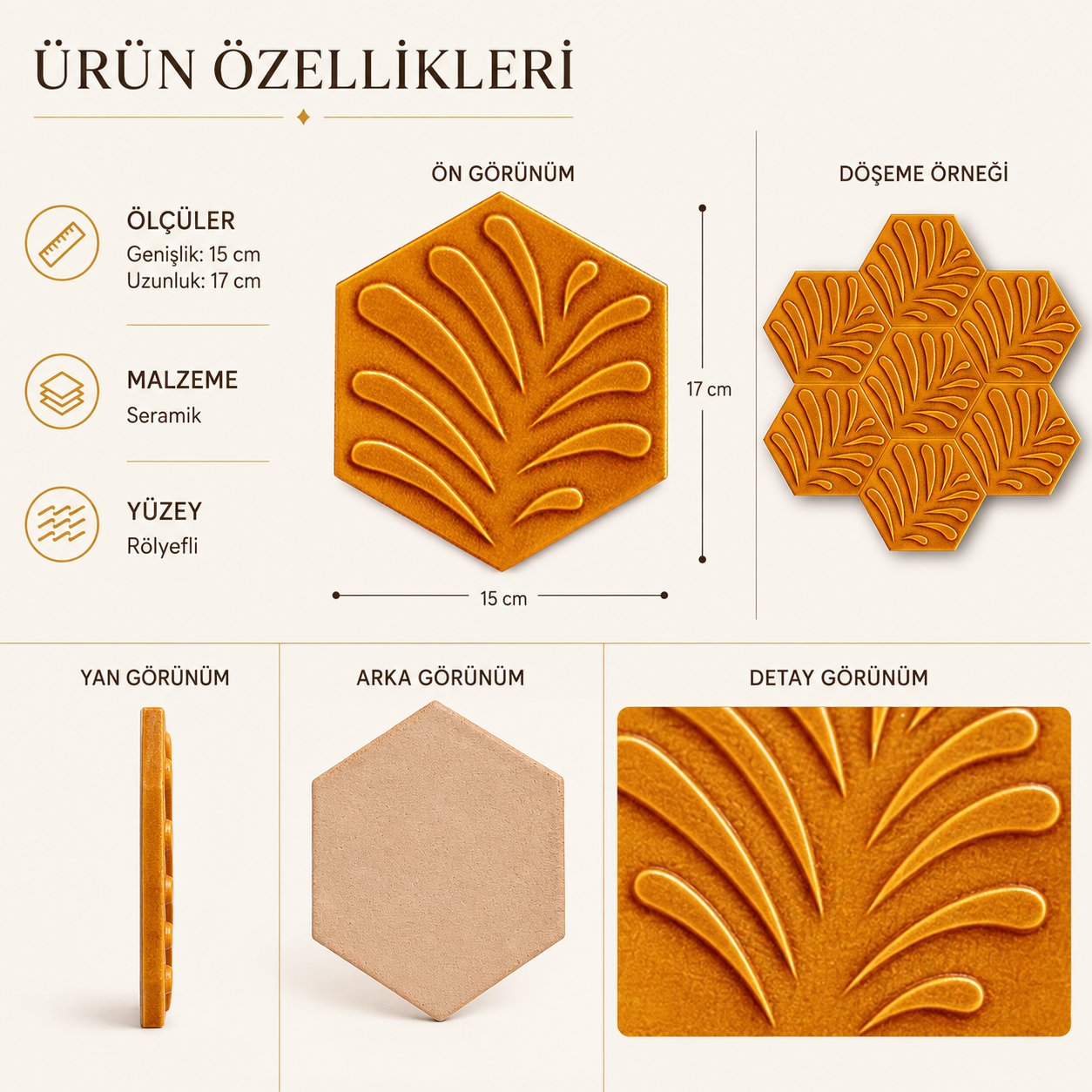 Armada Çini 15x17 Cm Yaprak Karamel Altıgen Seramik