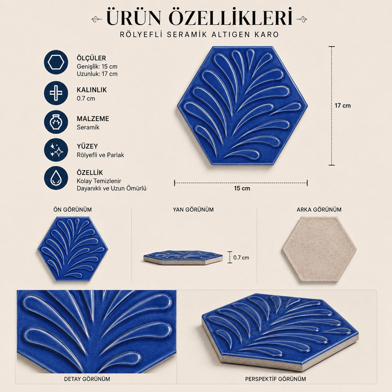 Armada Çini 15x17 Cm Yaprak Kobalt Altıgen Seramik