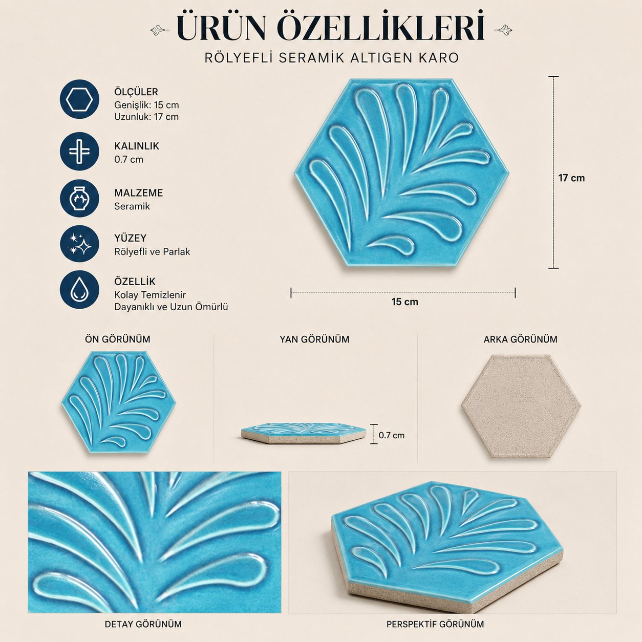 Armada Çini 15x17 Cm Yaprak Turkuaz Altıgen Seramik