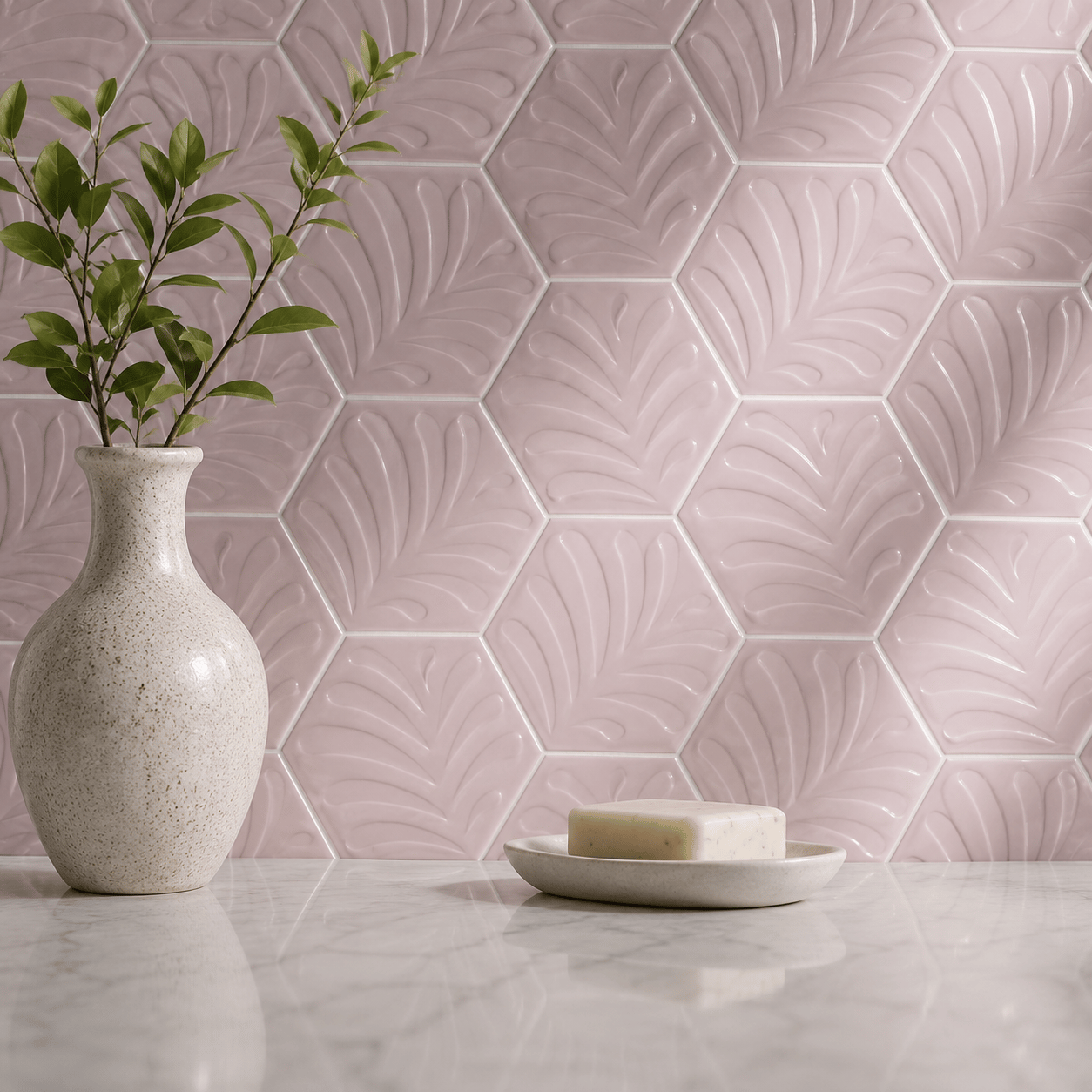 Armada Çini 15x17 Cm Yapraklı Açık pembe Altıgen Çini Seramik 