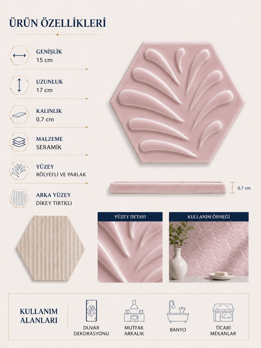 Armada Çini 15x17 Cm Yapraklı Açık pembe Altıgen Çini Seramik 