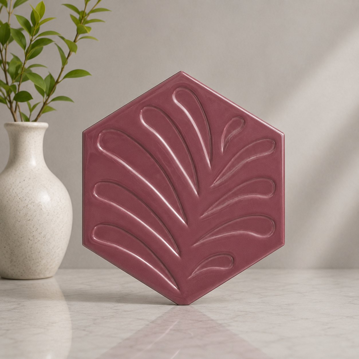 Armada Çini 15x17 Cm Yapraklı Koyu pembe Altıgen Çini Seramik 