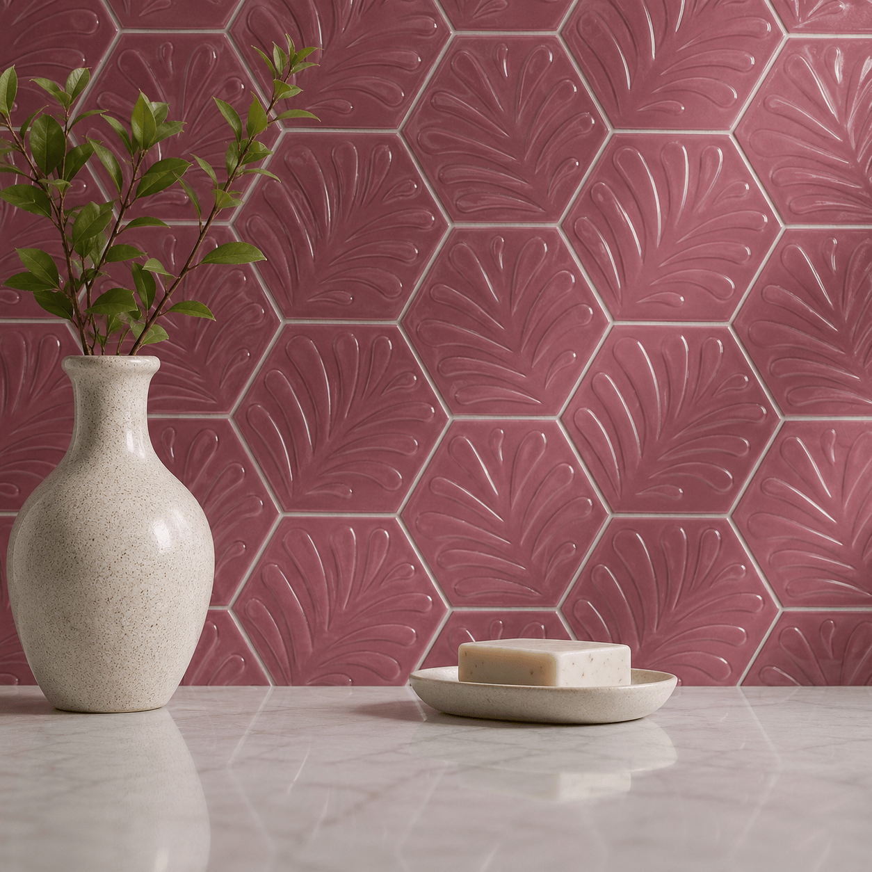 Armada Çini 15x17 Cm Yapraklı Koyu pembe Altıgen Çini Seramik 