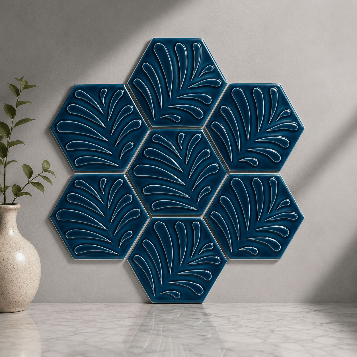 Armada Çini 15x17 Cm Yapraklı Petrol mavisi Altıgen Seramik 