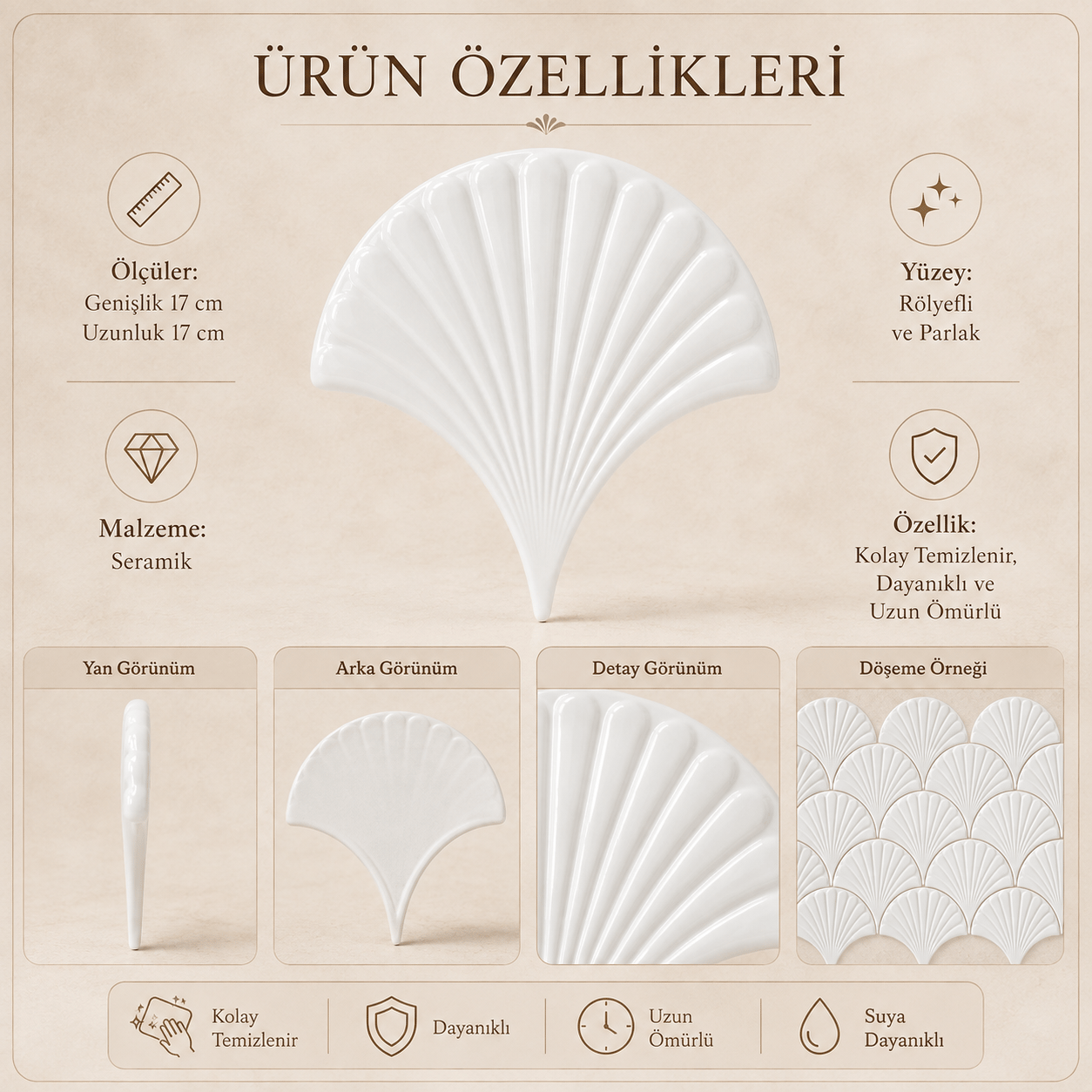 Armada Çini 17x17 cm Beyaz İstiridye Balık Pulu Seramik