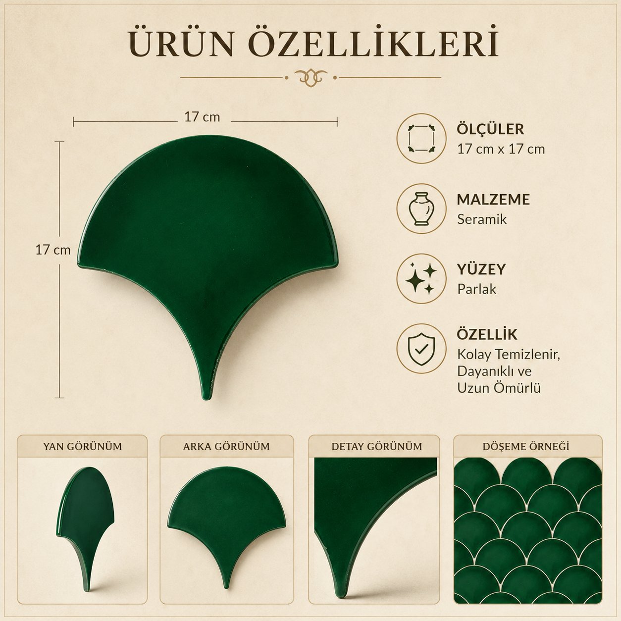 Armada Çini 17x17 cm Koyu Yeşil Balık Pulu Seramik