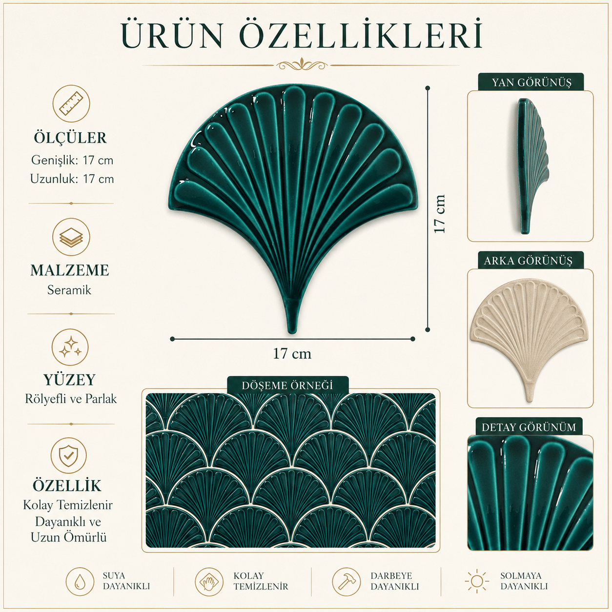 Armada Çini 17x17 cm Koyu Yeşil İstiridye Balık Pulu Seramik
