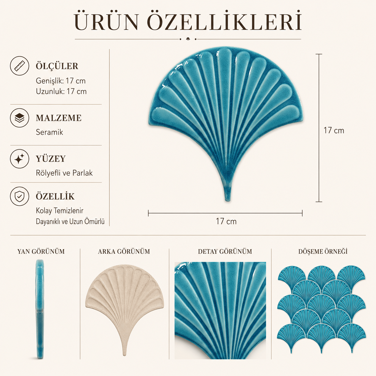 Armada Çini 17x17 cm Turkuaz İstiridye Balık Pulu Seramik