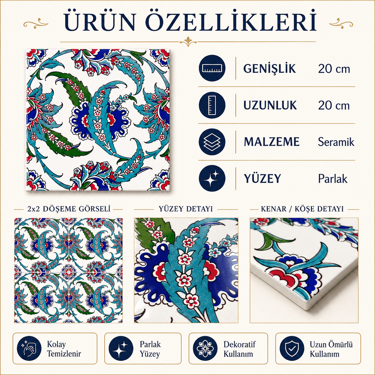 Armada Çini 20x20 Cm AC 1 Yaprak Desenli Kütahya Çini Karo