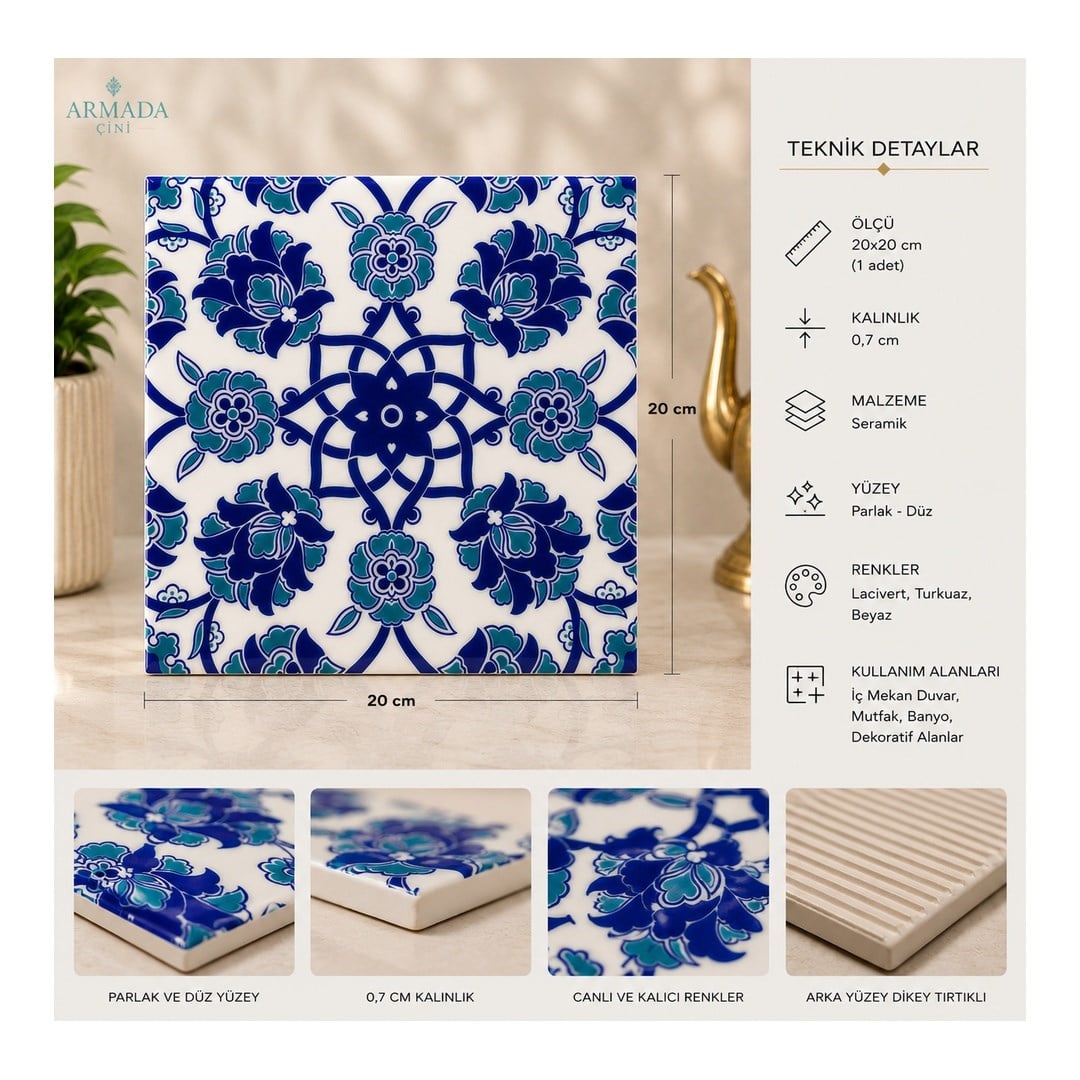 Armada Çini 20x20 Cm Ac 10 Selçuk Mavi Çiçek Desenli Kütahya Çini