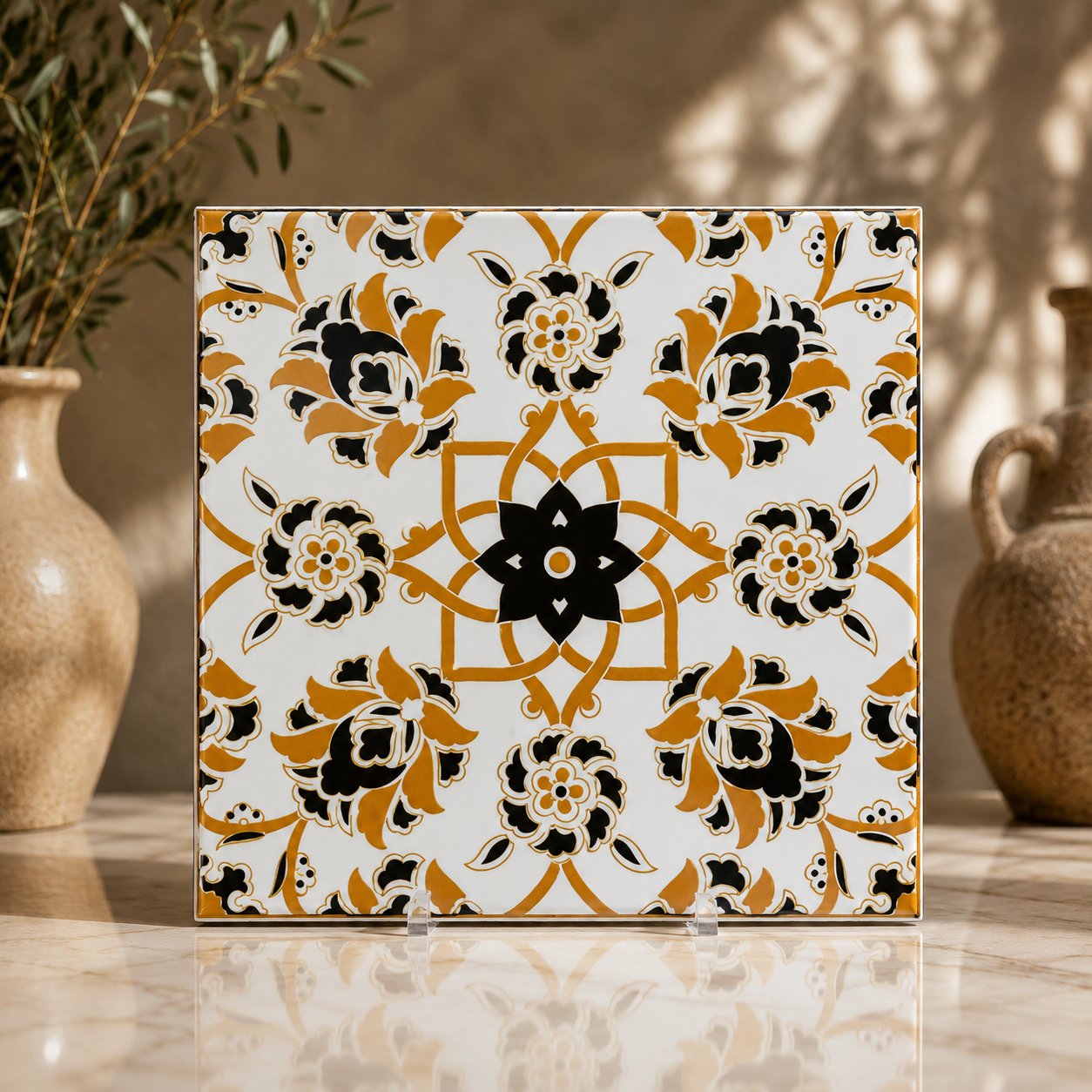 Armada Çini 20x20 Cm Ac 10 Selçuk Sarı Çiçek Desenli Kütahya Çini