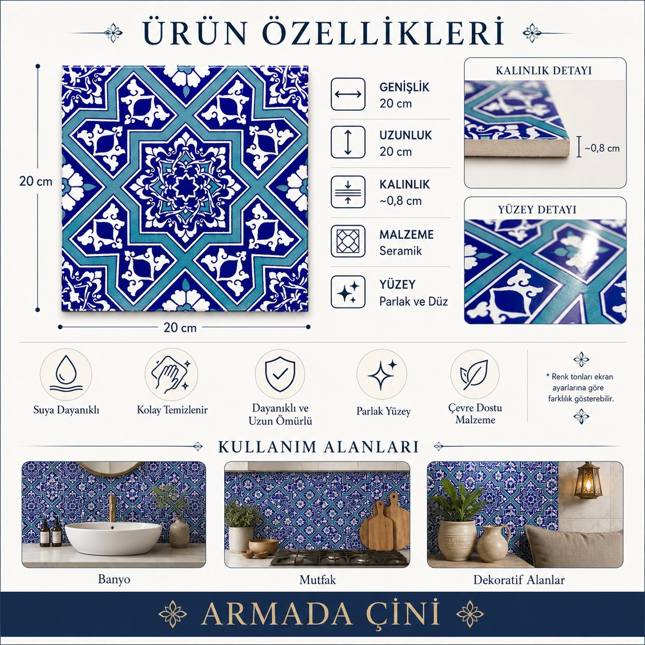 Armada Çini 20x20 Cm Ac 12 Selçuk Yıldız Geçme Desenli Çini Karo