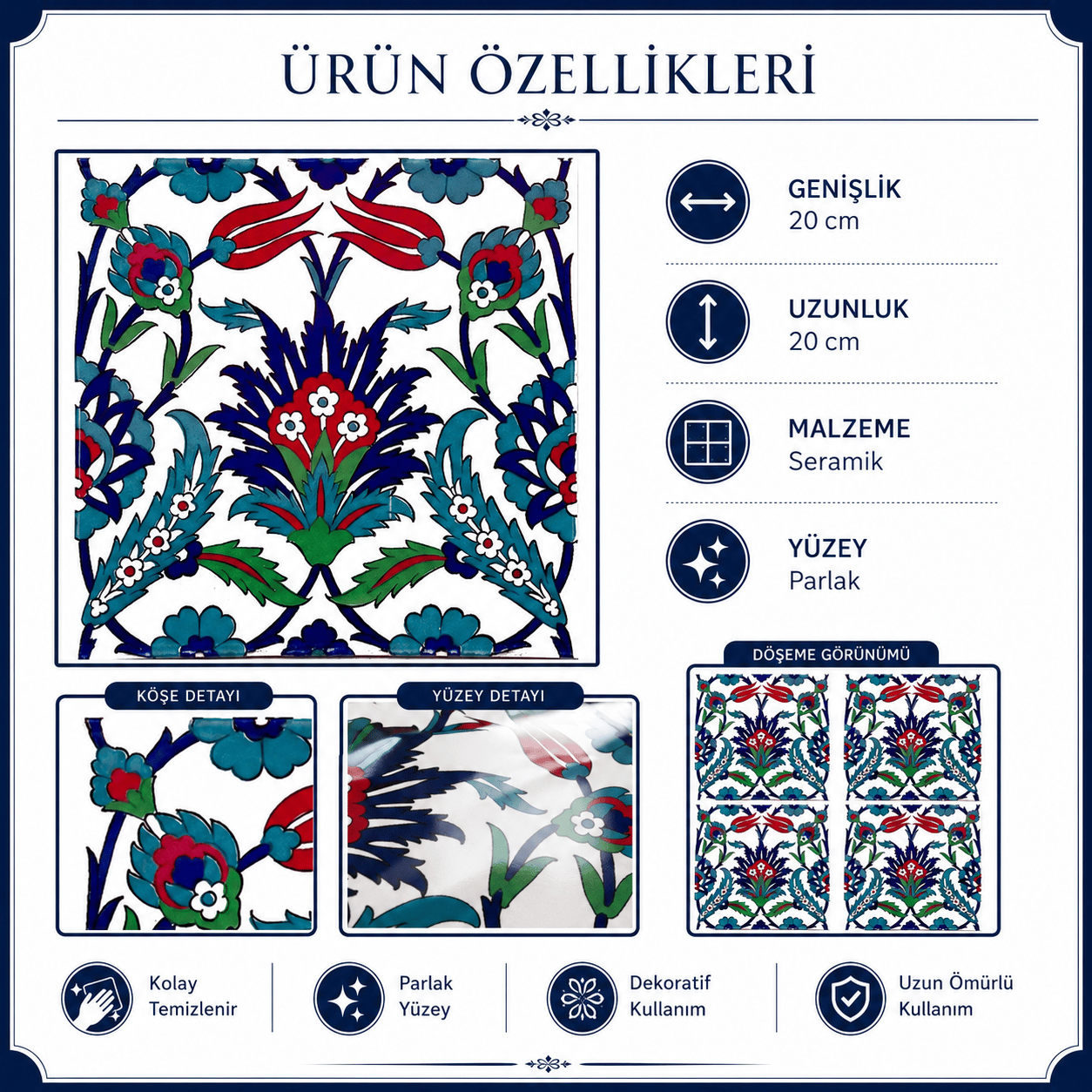 Armada Çini 20x20 Cm Ac 19 Laleli Desen Osmanlı Çini Seramik Karo
