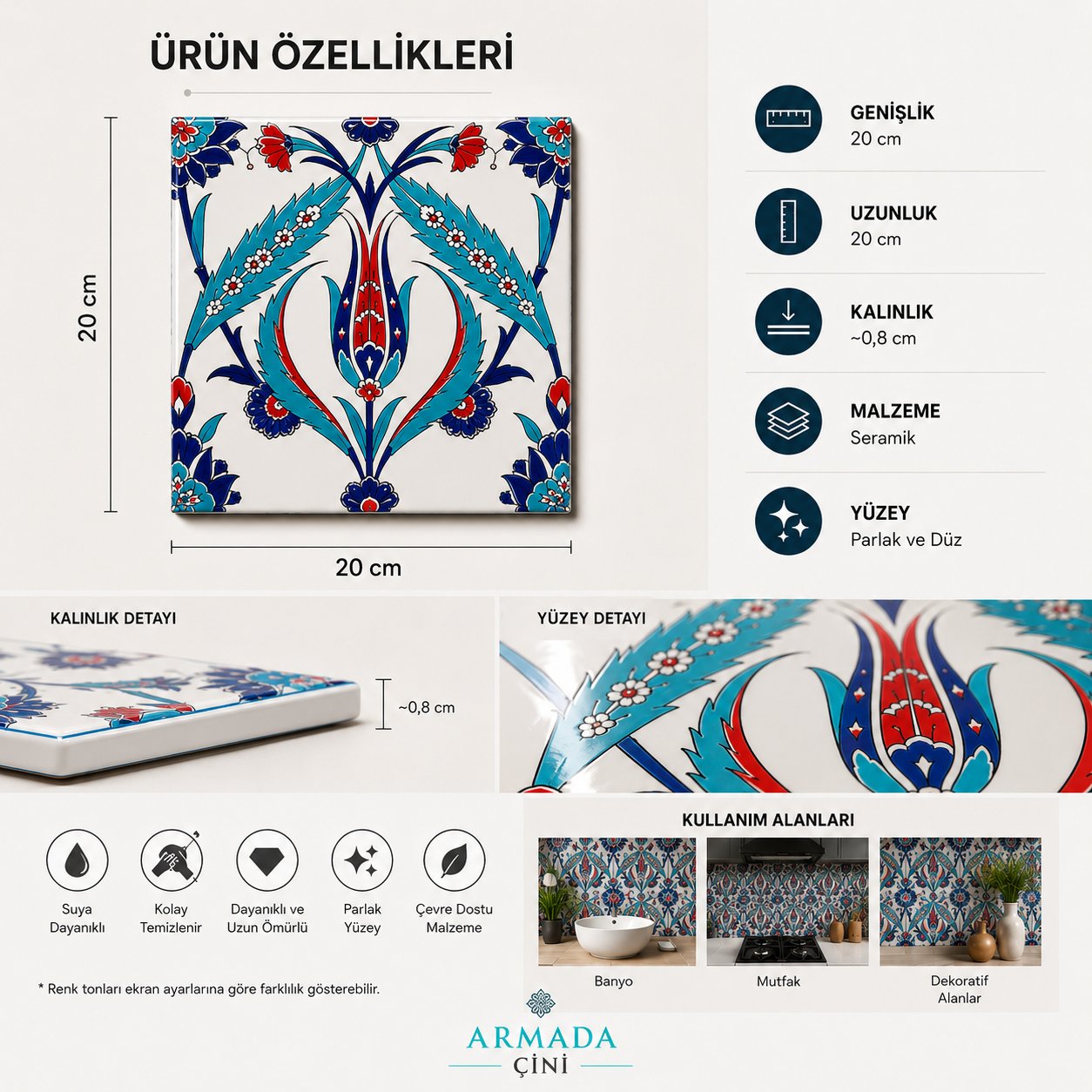 Armada Çini 20x20 Cm Ac 2 Kırmızı Lale Desenli İznik Çini Karo