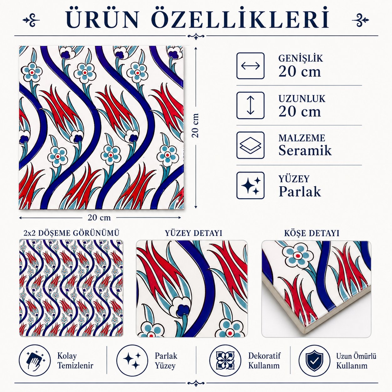 Armada Çini 20x20 Cm Ac 20 Sarmaşık Lale Desenli Çini Seramik Karo
