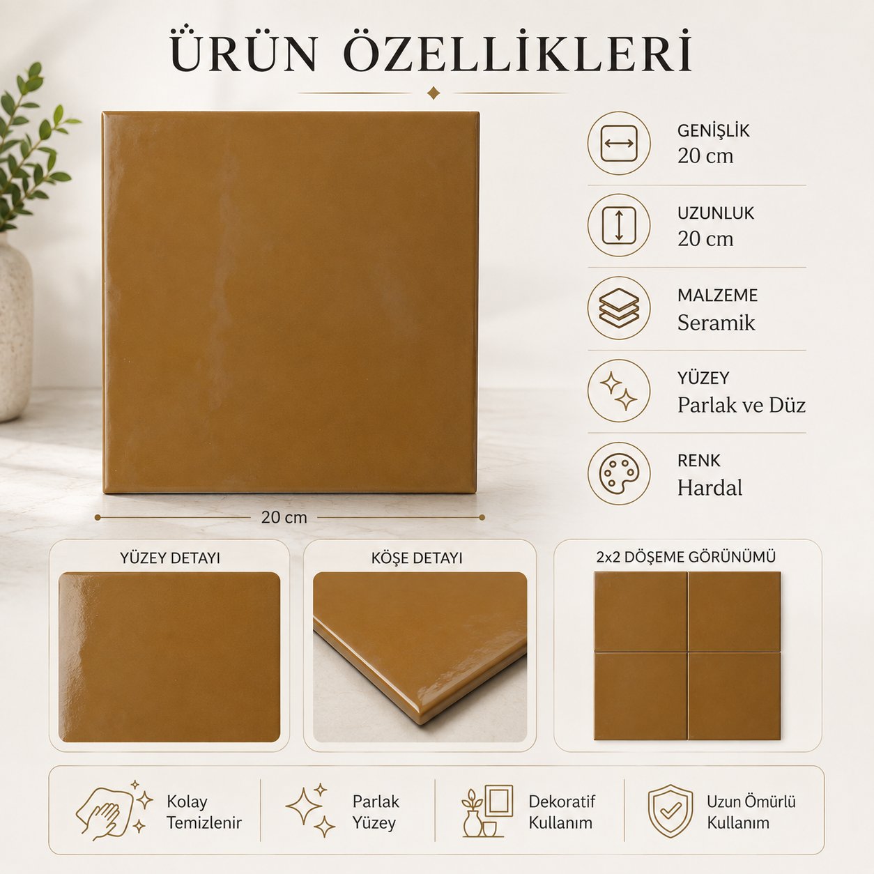 Armada Çini 20x20 Cm Ac 23 Karamel Renk Çini Seramik Karo