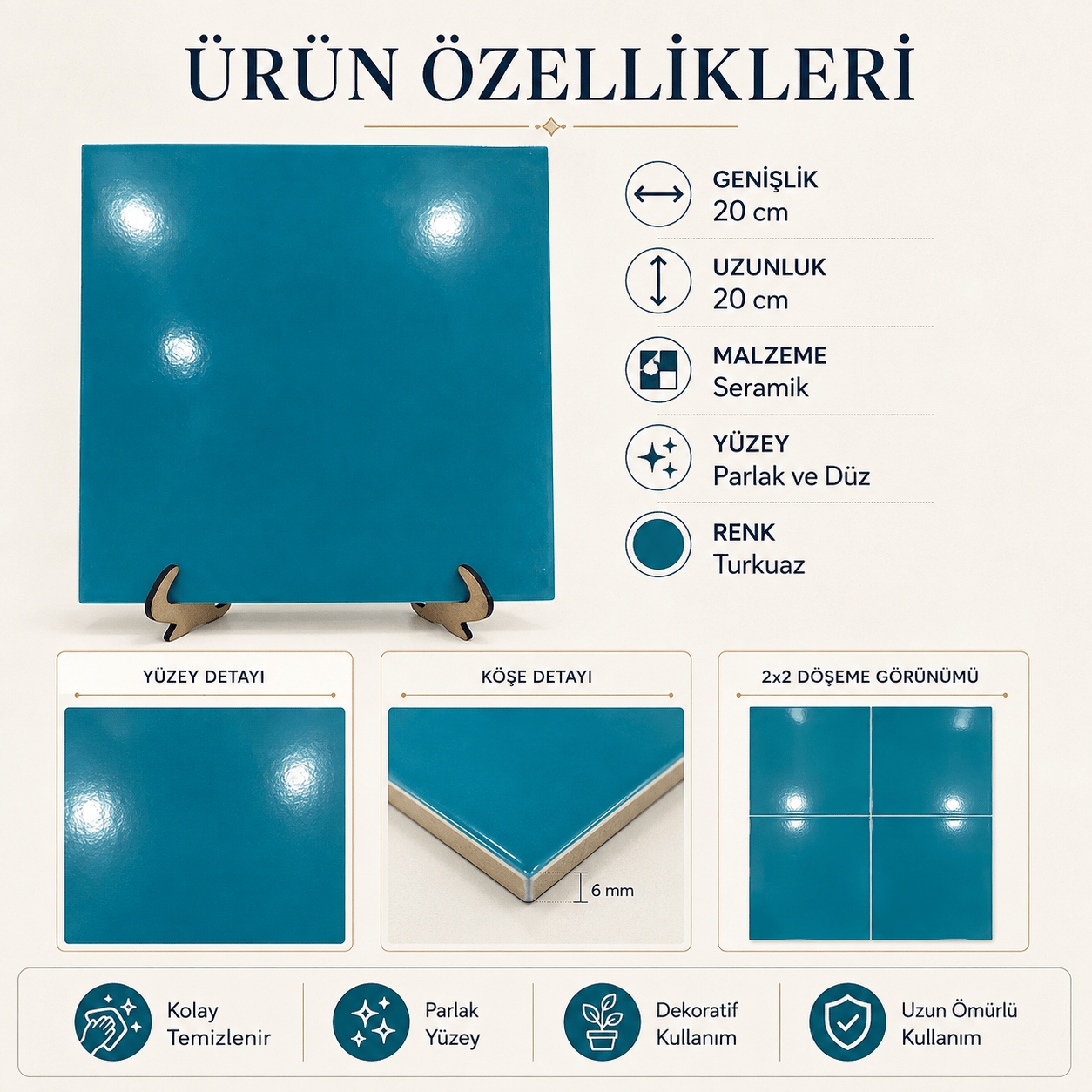 Armada Çini 20x20 Cm Ac 24 Turkuaz Desen Kütahya Çini Seramik Karo