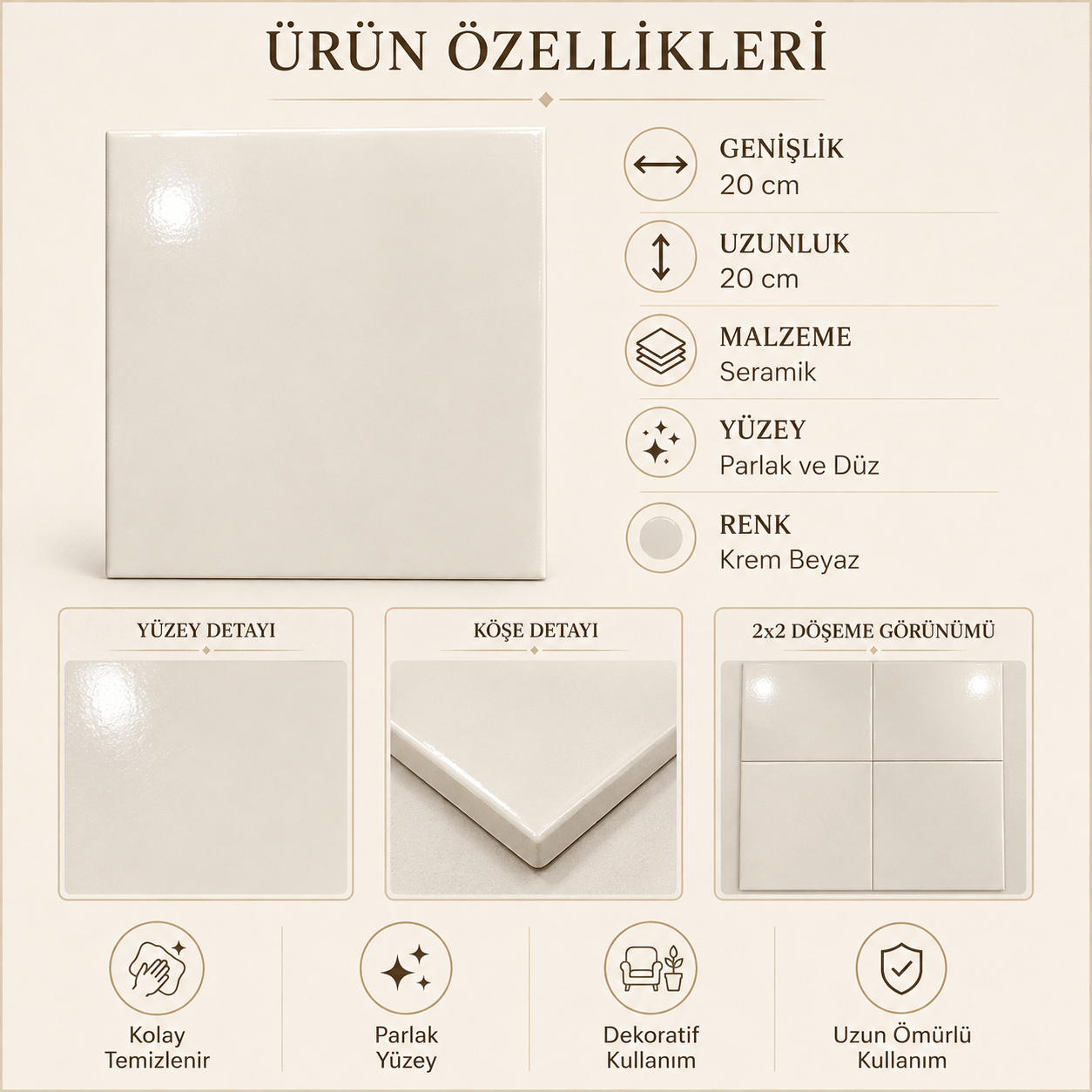 Armada Çini 20x20 Cm Ac 26 Beyaz Desen Kütahya Çini Seramik Karo