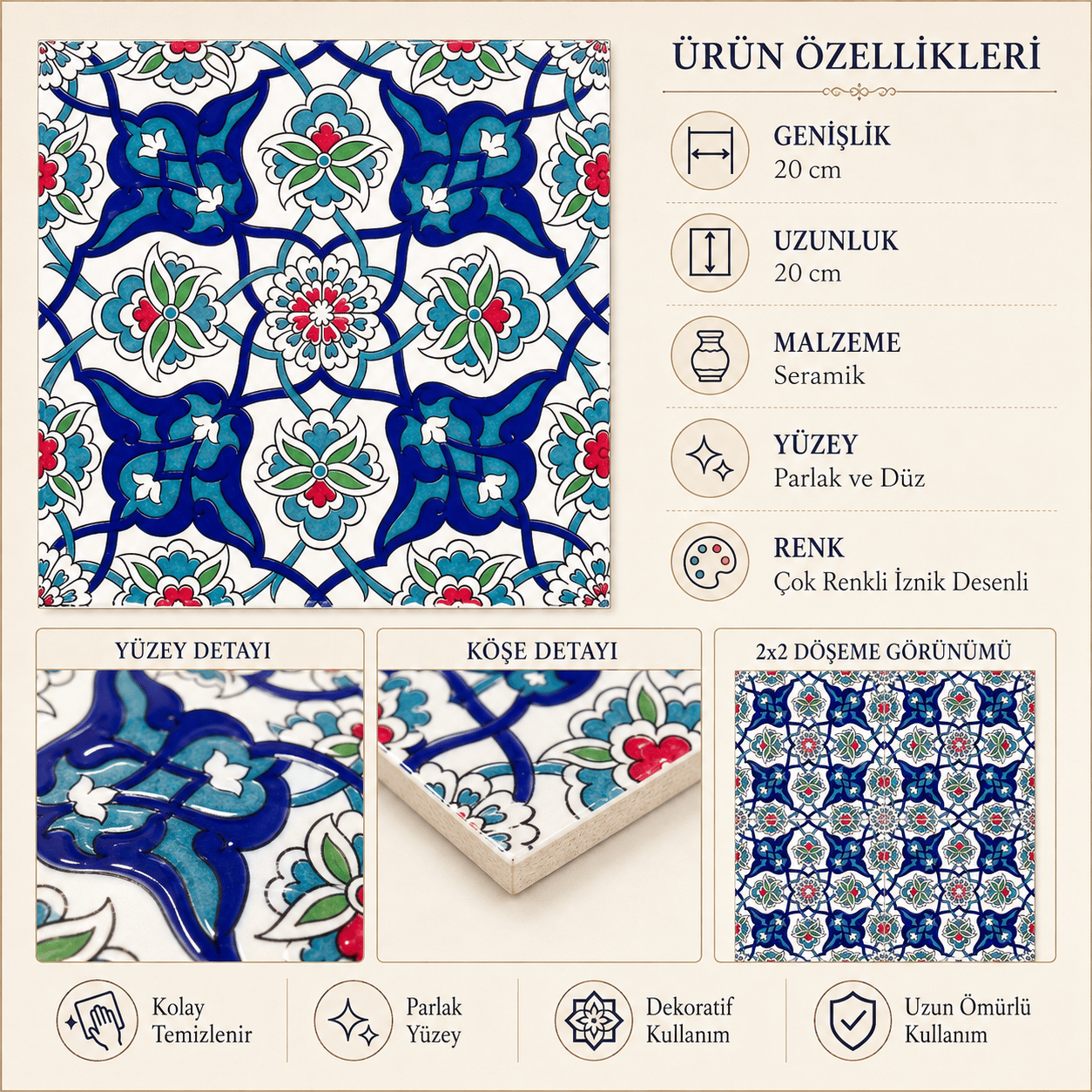 Armada Çini 20x20 Cm Ac 27 Kütahya Çini Rumi Desenli İznik Çini Karo