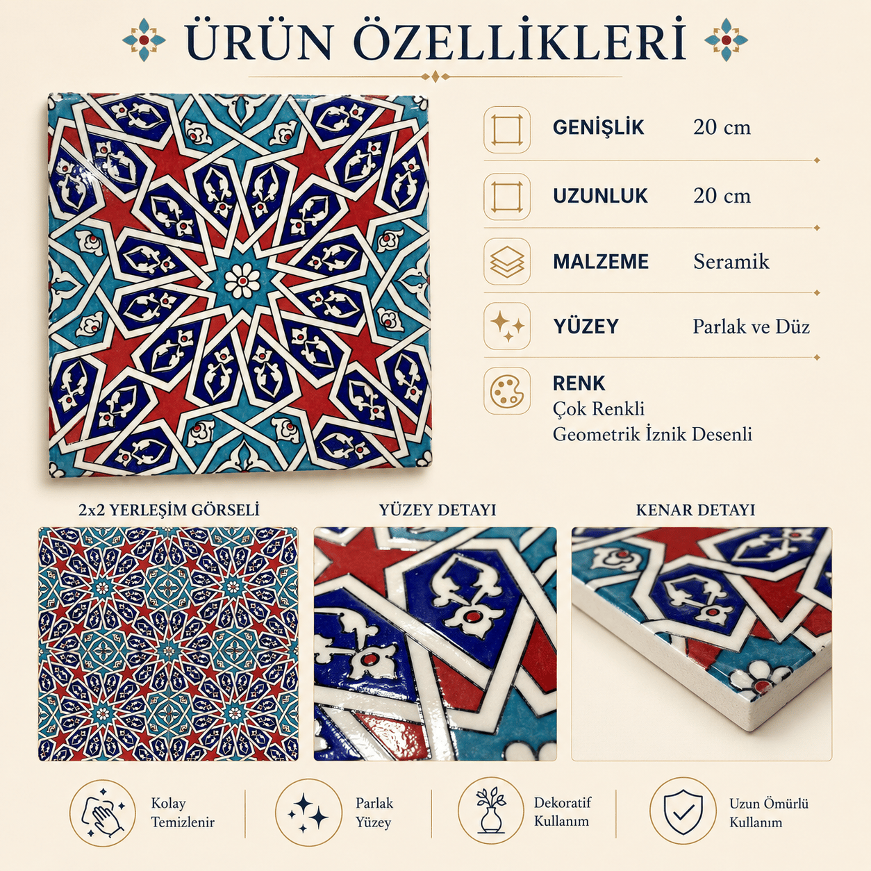 Armada Çini 20x20 Cm Ac 28 Geometrik Desenli İznik Kırmızı Çini Karo