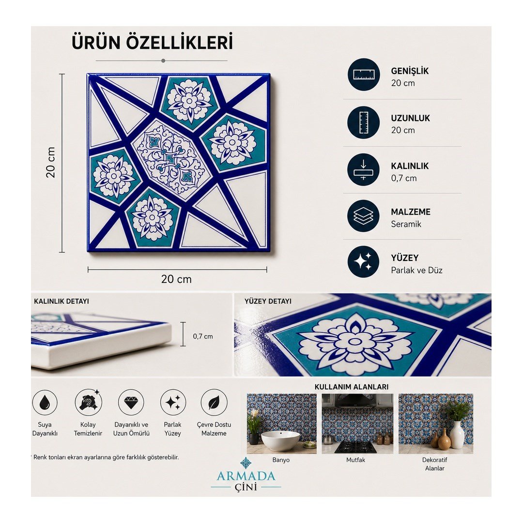 Armada Çini 20x20 Cm AC 3 A Geometrik Mavi Beyaz Desen Çini Karo