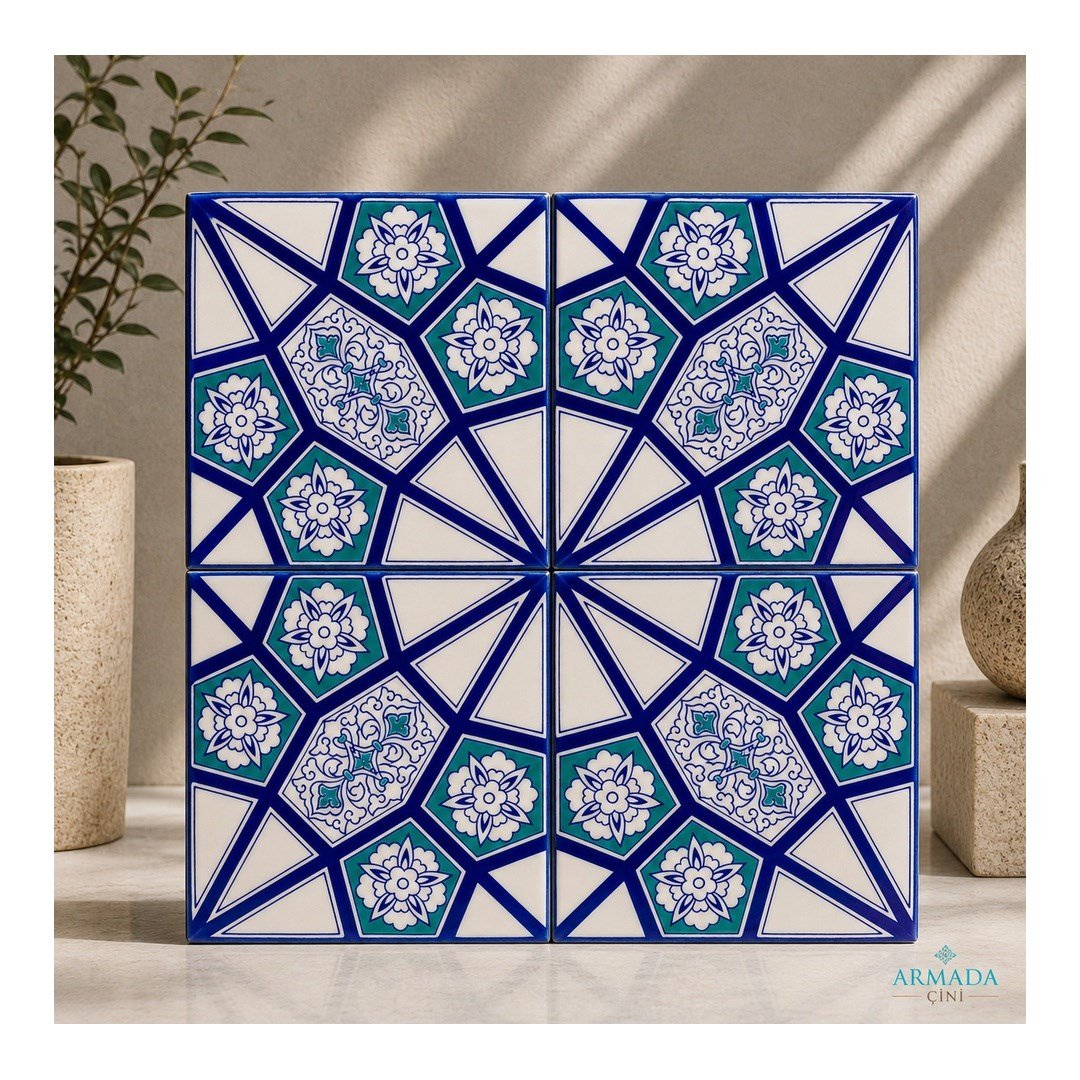 Armada Çini 20x20 Cm AC 3 A Geometrik Mavi Beyaz Desen Çini Karo