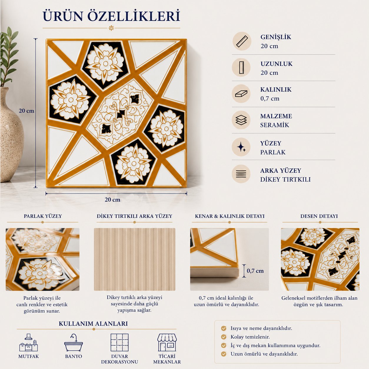 Armada Çini 20x20 Cm AC 3  B Geometrik Sarı Desen Çini Karo