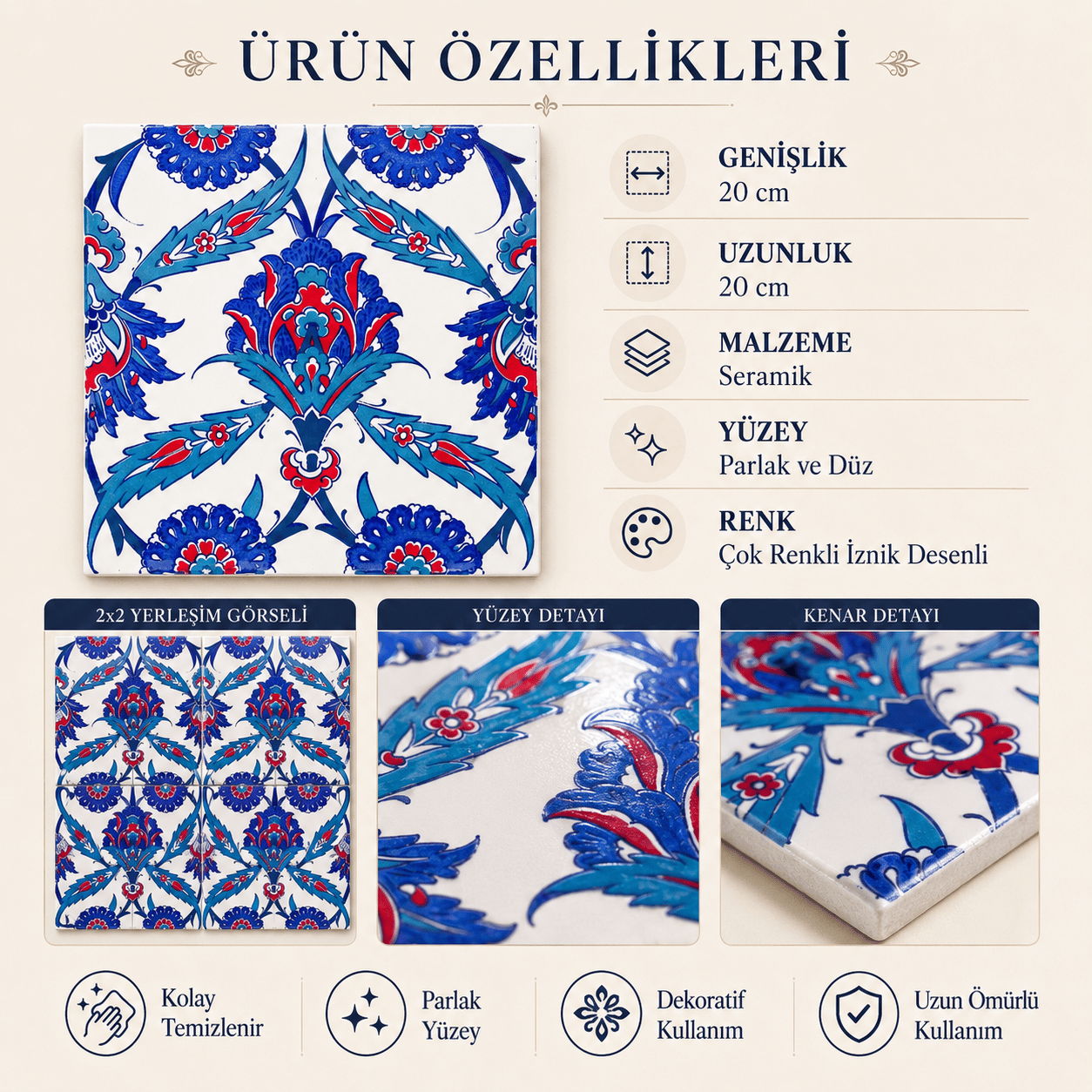 Armada çini 20x20 Cm Ac 30 İznik Desenli Kütahya Çini Karo Seramik