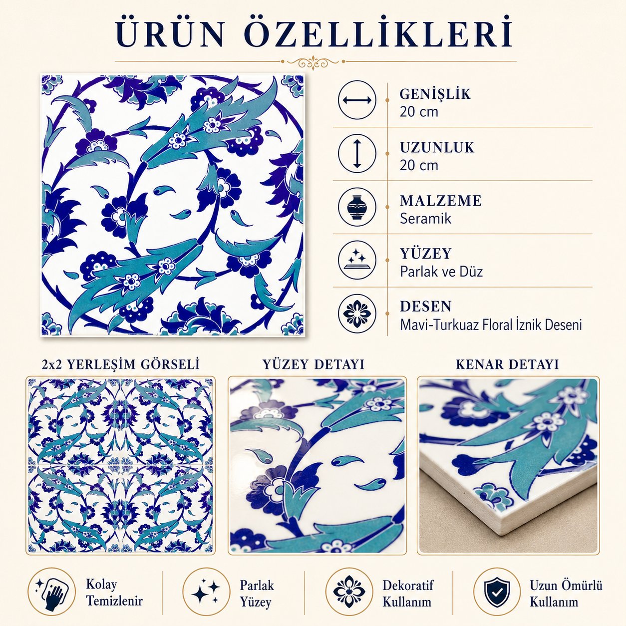 Armada Çini 20x20 Cm Ac 32 Selçuklu Mavi Beyaz Kütahya Çini Karo