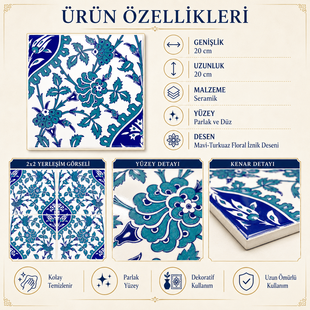 Armada Çini 20x20 Cm Ac 42 İznik Desen Kütahya Çini Karo