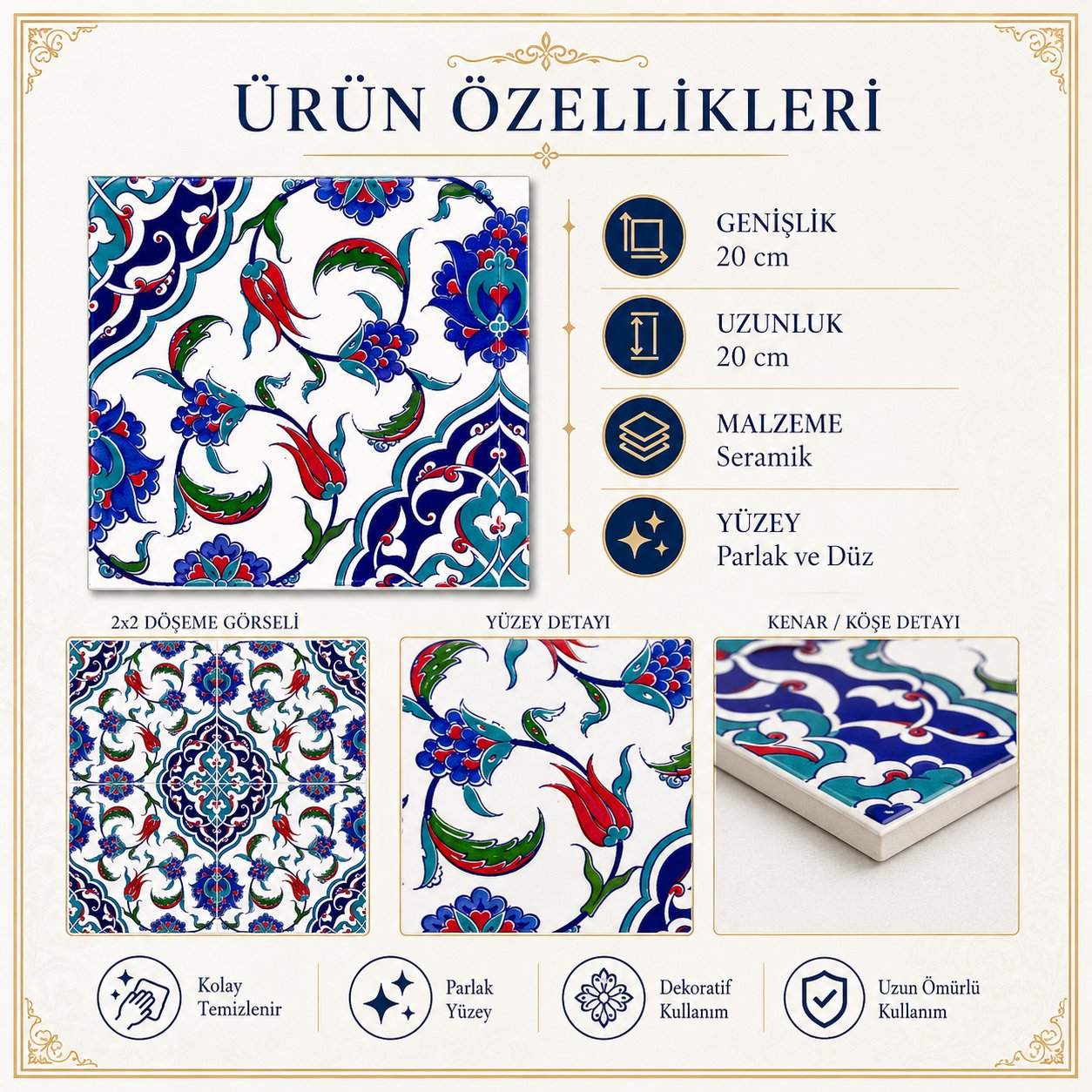 Armada Çini 20x20 Cm Ac 44 Osmanlı İznik Desen Kütahya Çini Karo