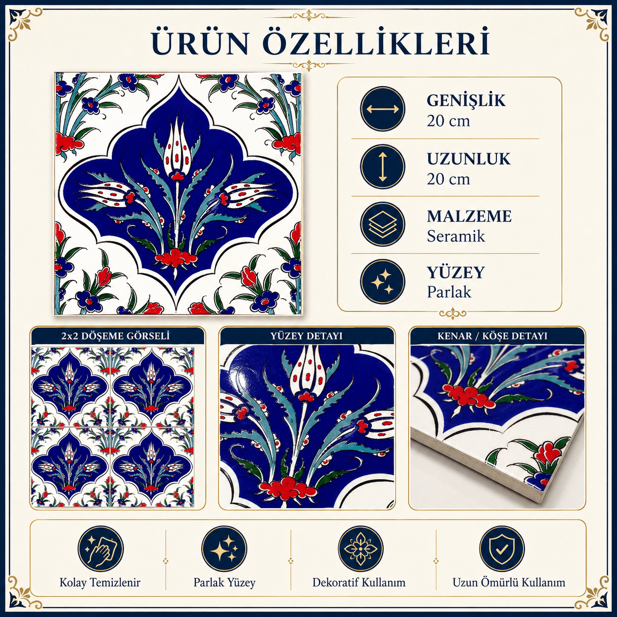 Armada Çini 20x20 Cm Ac 45 Kütahya Çinisi İznik Desenli Çini Karo