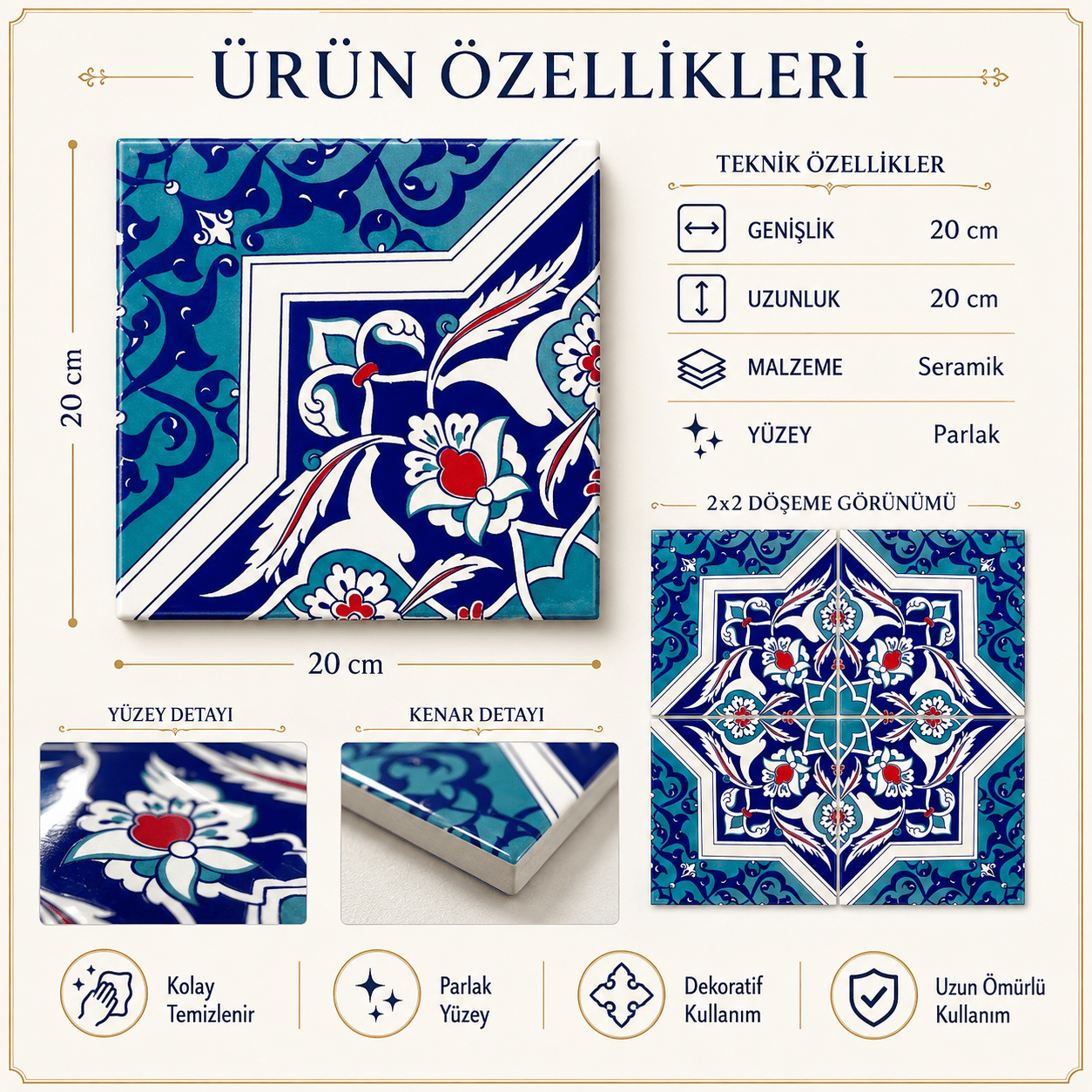 Armada Çini 20x20 Cm Ac 49 Türkmen Yıldız Desenli Kütahya Çini Karo