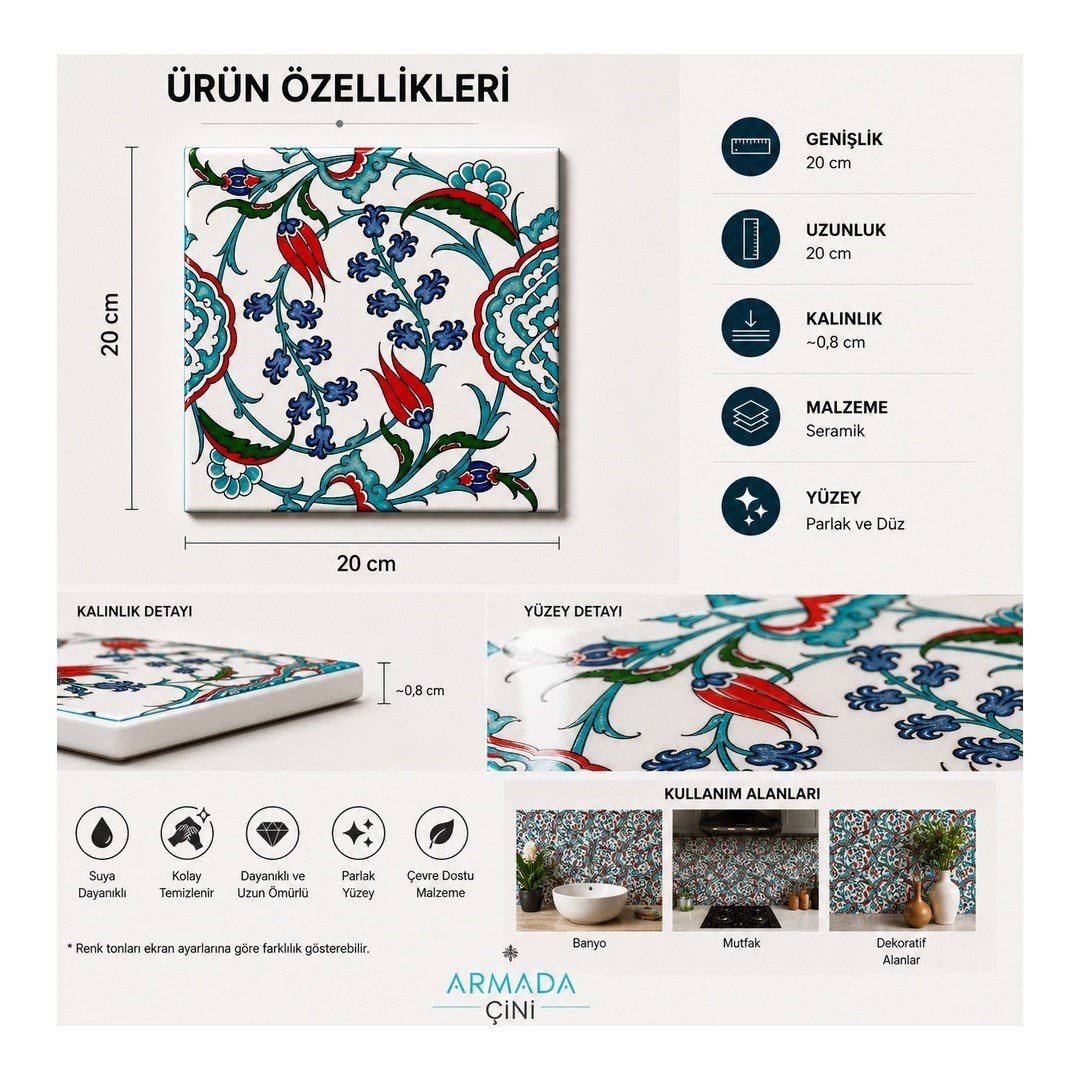 Armada Çini 20x20 Cm Ac 5 İznik Dönence Çiçek Desenli Çini Karo