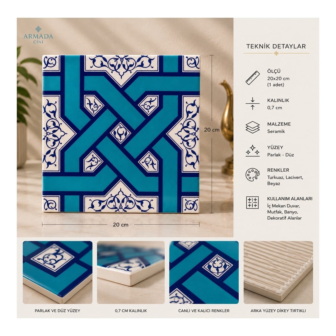 Armada Çini 20x20 Cm Ac 6 Selçuklu Turkuaz Zincir Geçme  Çini Karo