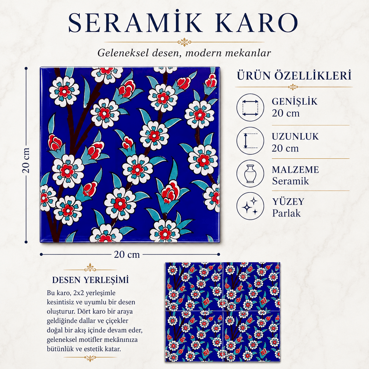 Armada Çini 20x20 Cm Ac 60 Kobalt Papatya Kütahya Çini Desenli Karo