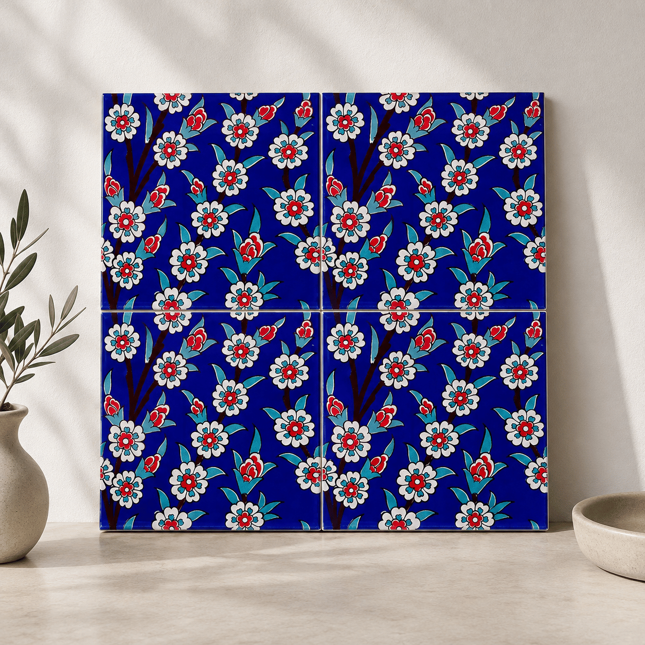 Armada Çini 20x20 Cm Ac 60 Kobalt Papatya Kütahya Çini Desenli Karo