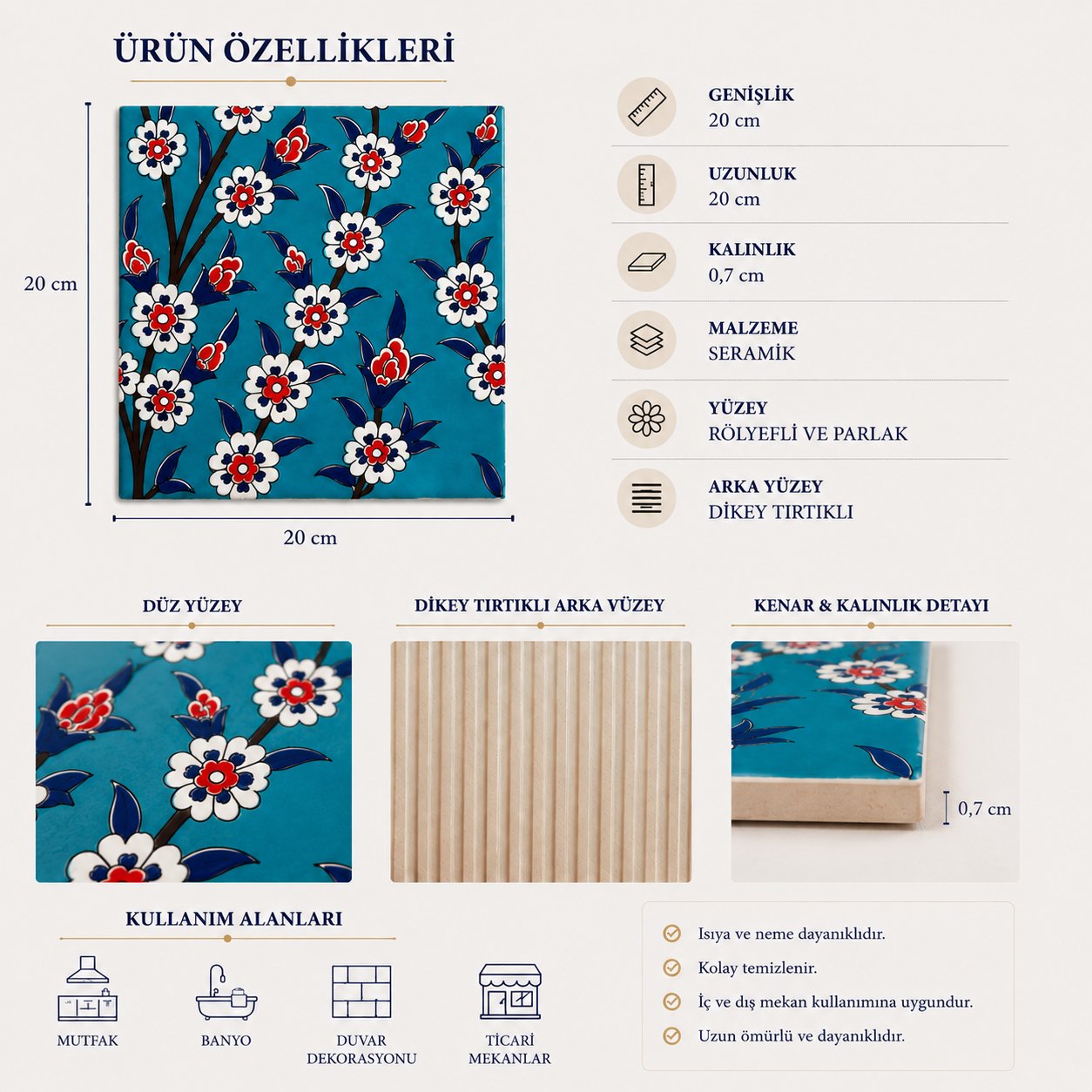 Armada Çini 20x20 Cm Ac 60 Turkuaz Papatya Kütahya Çini Desenli Karo